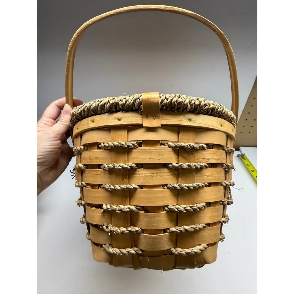 Set of 2 Woven Wood Apple Baskets Rustic Farmhouse Decor with Rope Accents